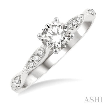 1/2 Ctw Marquise-Carved Shank Engagement Ring With 1/3 Ct Round Cut Diamond Center Stone in 14K White Gold